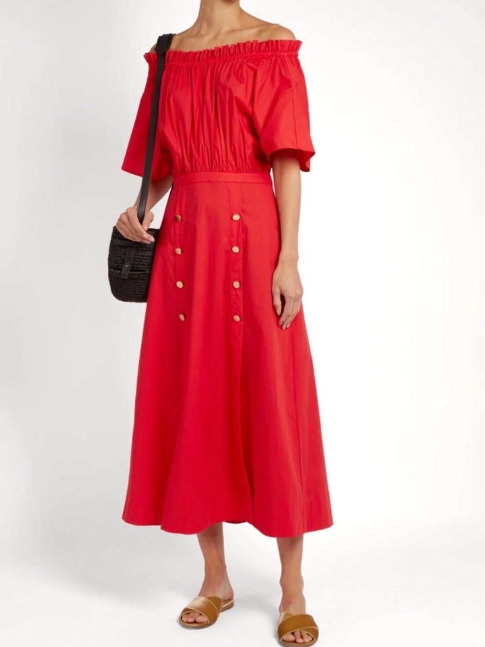 SALONI Dakota Red Off-the-Shoulder Button Front Midi Dress - Size 6